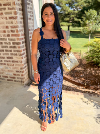 Navy Hyacinth Lace Fringe Midi Dress