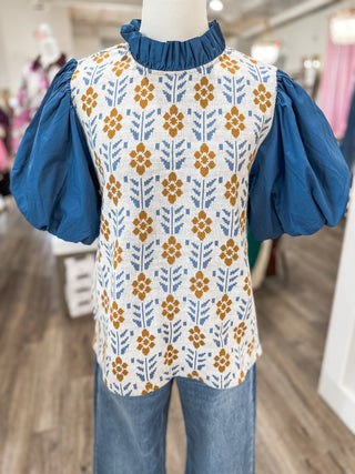 Blue & Gold Daisy Row Puff Sleeve Top