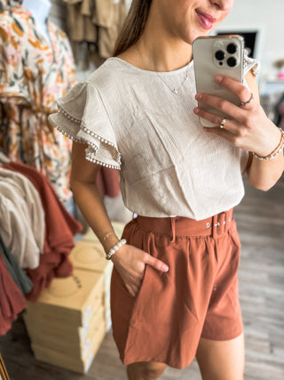 Light Khaki Double The Pom Pom Crinkle Top