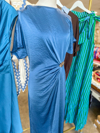 Slate Blue Pretty Little Moments Satin Midi Dress