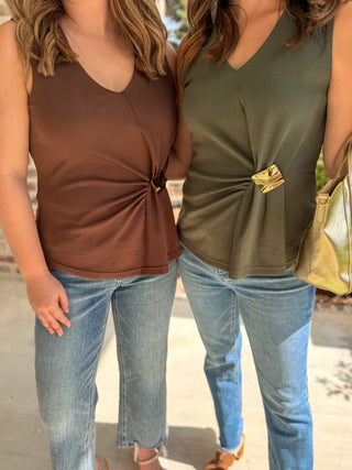 Brown Gathered & Gold V-Neck Top