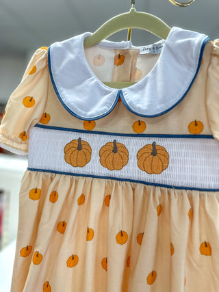 Khaki Pumpkin Trio Embroidery Smocked Dress