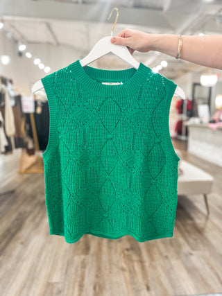 Kelly Green Ocean Wave Scalloped Detail Sleeveless Sweater Top