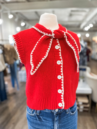 Red Margot Bow Knit Sleeveless Sweater Top