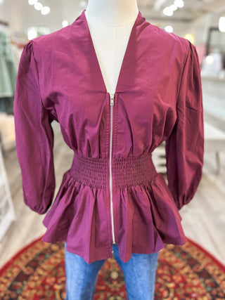 Plum 3/4 Sleeve Smock Waist Zip It Top