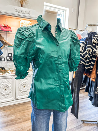 Hunter Green Puff Perfection Button Down Faux Leather Top