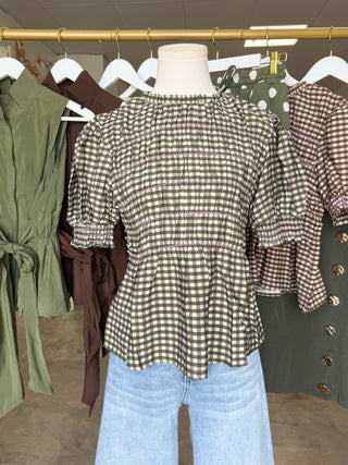 Olive Sweet on Gingham Smocked Top