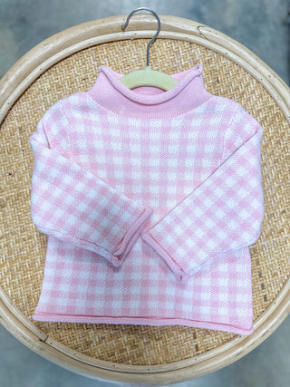 Pink Gingham Rolled Neck Sweater