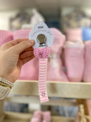 Pink Bow Crochet Paci Clip