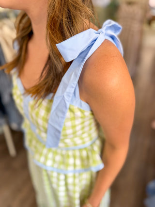 Honeydew & Blue Sweetheart Gingham Corset Midi Dress