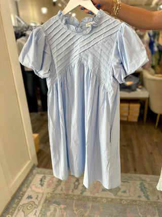 Soft Blue Skies Pintuck Detail Bubble Sleeve Mini Dress