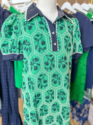 Minty Green Honeycomb Embroidered Contrast Collar Dress