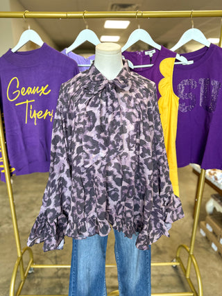 Painted in Purple Tie Neck Blouse