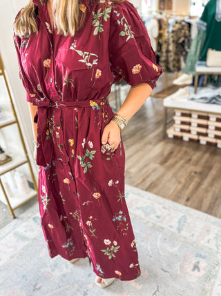 Burgundy Garden Stroll MIDI Dress
