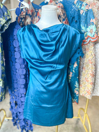 Teal After Dark Cowl Neck Satin Mini Dress