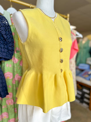 The Lemon Yellow Polished Peplum Gold Button Top
