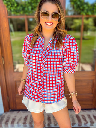 Elaine Gingham Red/Blue Short Sleeve Top