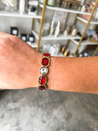 Gold W/ Red & Clear Crystals Stretch Bracelets