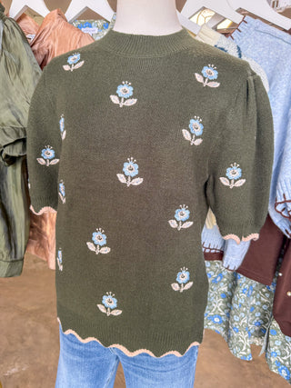 Mae Girl Olive Half Sleeve Finely Embroidered Sweater Top