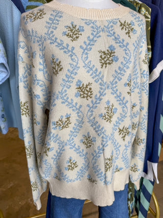 Blue & Sage Willow Floral Jacquard Knit Sweater