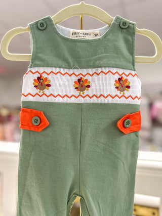 Jon Jon- Fall Thanksgiving Chicken Smock Embroidered Green Boys Jon Jon