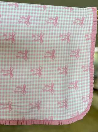 Pink Bows & Gingham Ruffle Trim Baby Blanket