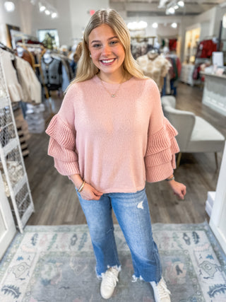 Soft Pink Fuzzy Tiered Ruffle Sleeve Sweater