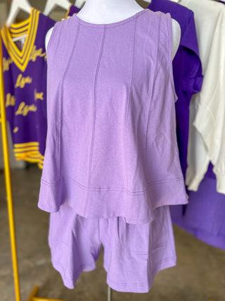 Lavender Winning Wonder Contrast Stitch Sleeveless Shorts Set