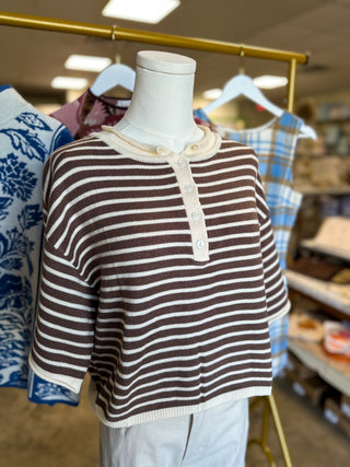 Brown & Ivory Striped Short Sleeve Henley Knit Top