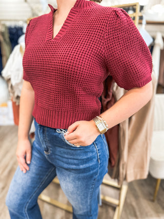 Burgundy Irresistible Charm Puff Sleeve Cropped Knit Top