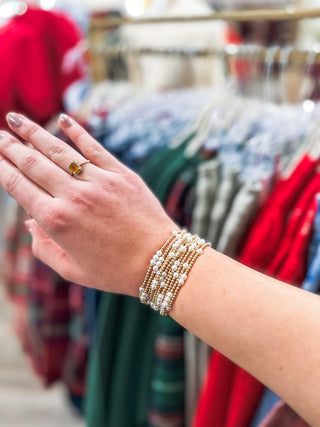 Hot Gold Beaded & Pearl Set of 10 Stretch Bracelets