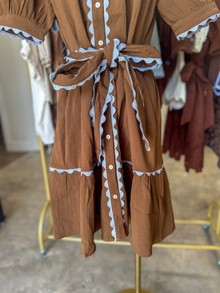 Brown Autumn Picnic Ric Rac Trim Belted Mini Dress