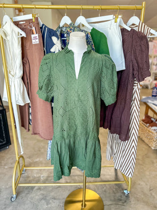 Hunter Green Evelyn Eyelet Mini Dress