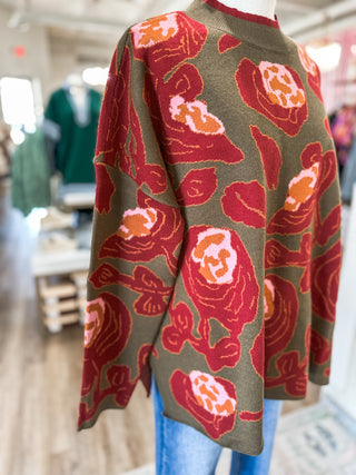 Olive & Red Painted Petals Long Sleeve Sweater