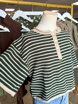 Green & Tan Striped Short Sleeve Henley Knit Top
