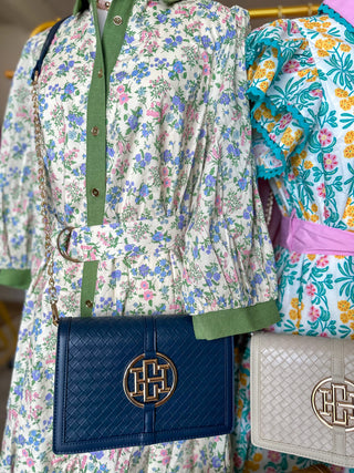 Woven Navy Cecillia Circle Logo Handbag | Caroline Hill