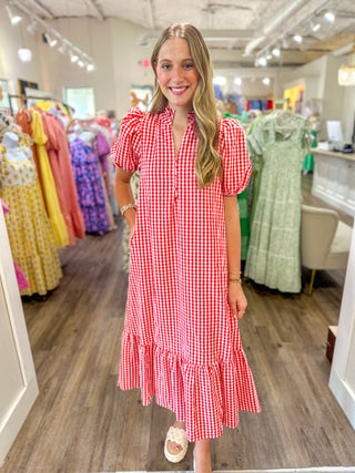 Red Heirloom Gingham Midi Dress