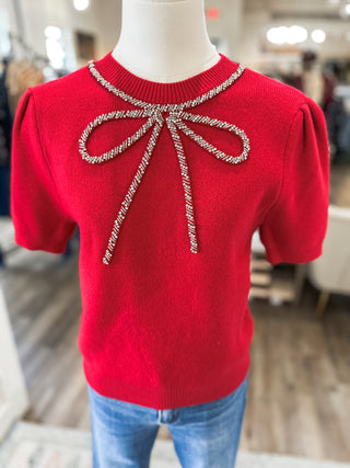 Red Glitz & Grace Beaded Crystal Bow Sweater