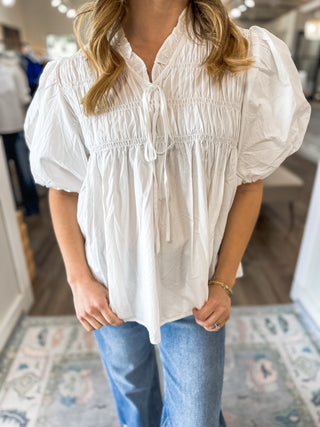 Off White Sunbeam Smocked Bubble Sleeve Blouse