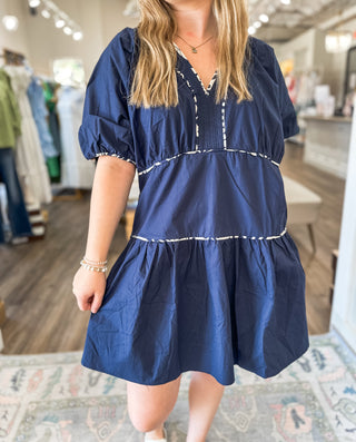 Navy Contrast Print Piping Tiered Woven Dress