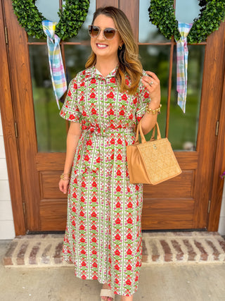 Red Sweet Stroll Floral Belted Midi Dress