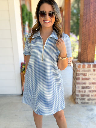 Blue Go-To Gingham Half Zip Mini Dress