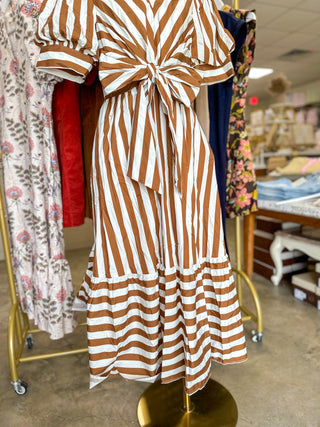 Cream & Camel Stripe Society Tie Waist Maxi Dress