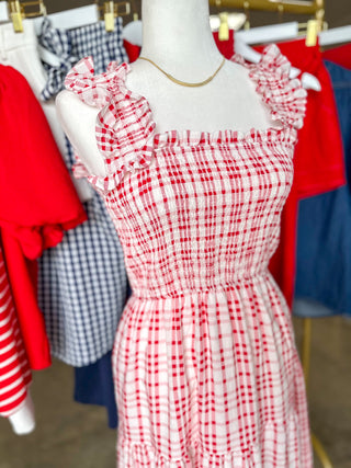 Red Plaid Smocked Tiered Midi Dress