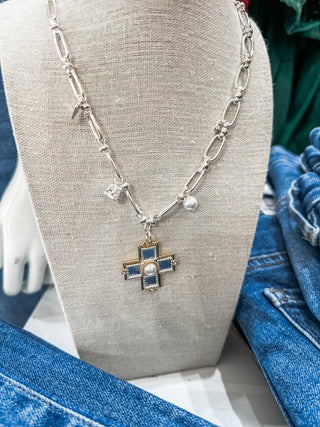Silver Open Chain W/ Textured Cross & Pearl Charm Necklace