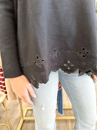 Black Soft & Sleek Scalloped Eyelet Hem Long Sleeve Sweater Top