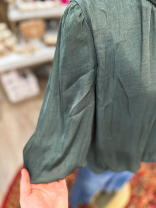 DOORBUSTER: Forest Green Round Neck Accent Billowy Blouse