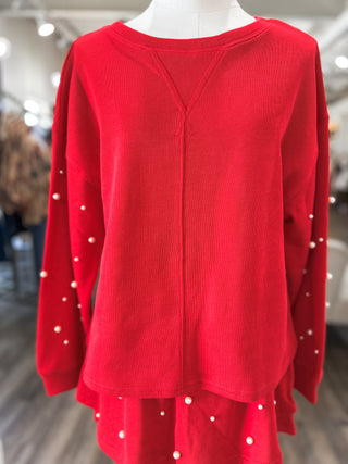 Red Holiday Pearl Charm Long Sleeve Top