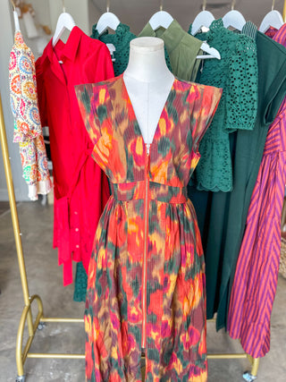 Rust Bold Botanicals Zip Midi Dress