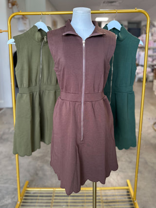 Brown On the Move Scallop Zip Mini Dress
